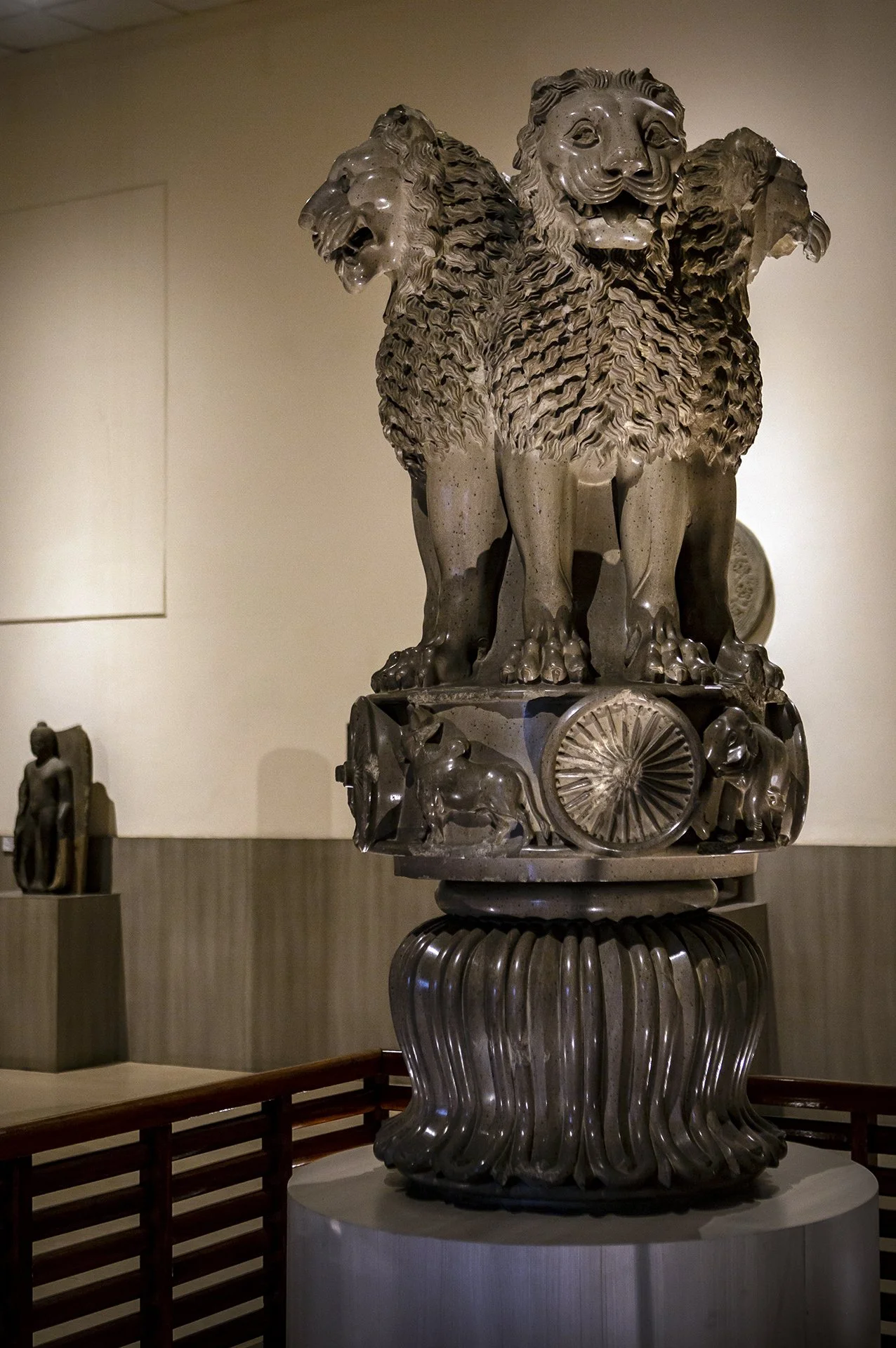 The Lion Capital of Ashoka, symbol of the Indian state, representing the Buddha’s teaching and the turning of the Dharma Wheel, Sarnath