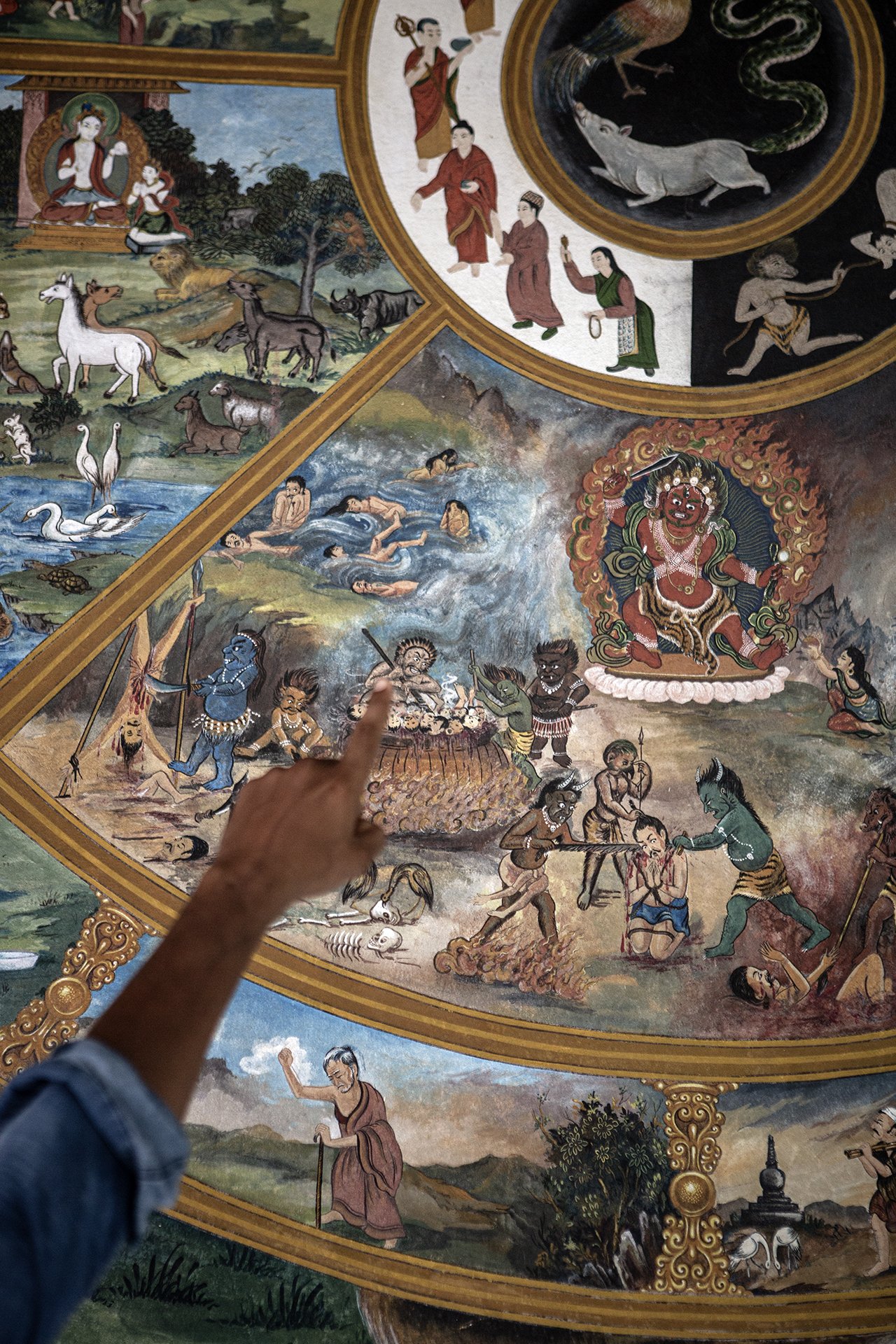 Mural depicting of the Wheel of Life, a symbolic representation of samsara, the cycle of birth, death and rebirth, Lumbini
