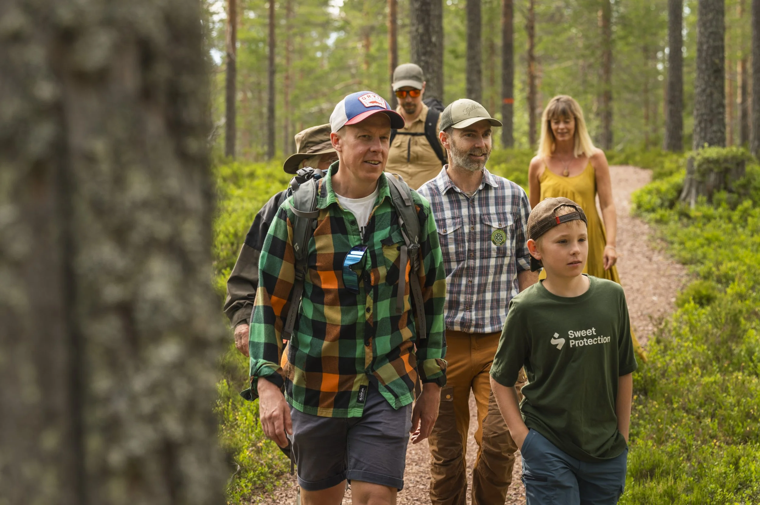 Fem personer vandrar på en skogsstig, inklusive Daniel Nature Guide, en man, en pojke och två kvinnor, alla iklädda friluftskläder och med ryggsäckar.