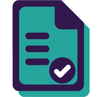 Icon of a document with a checkmark, representing a completed or approved form or report.