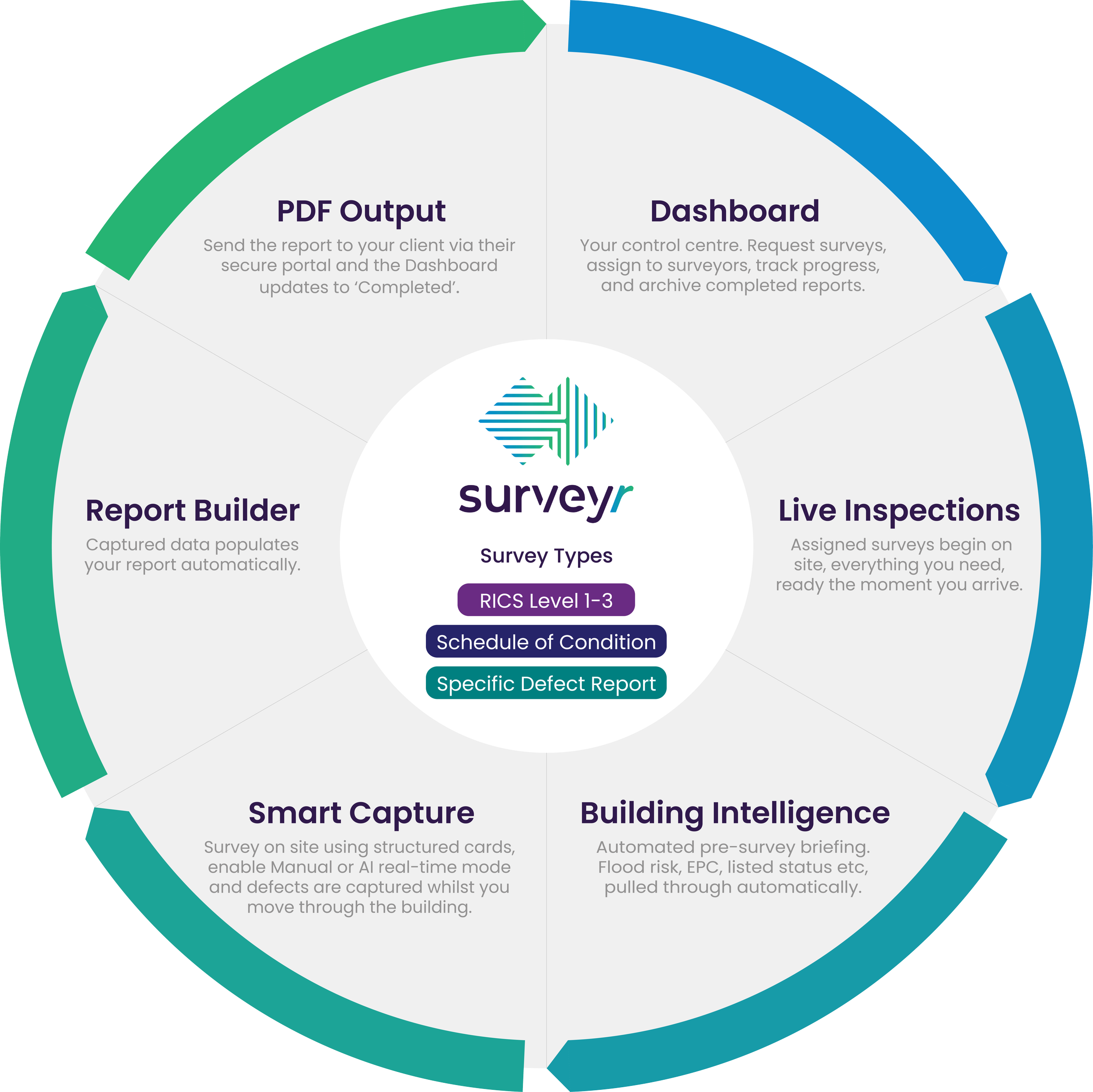 A circular infographic divided into segments with headings and descriptions about survey types and processes, including PDF Output, Dashboard, Report Builder, Smart Capture, Building Intelligence, specific defect report, and schedule of condition.