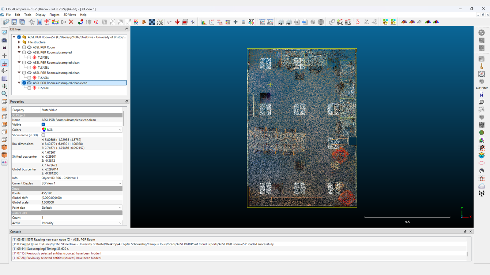 3D scan of the ASSL PGR Room, downsampled and cleaned in Cloud Compare