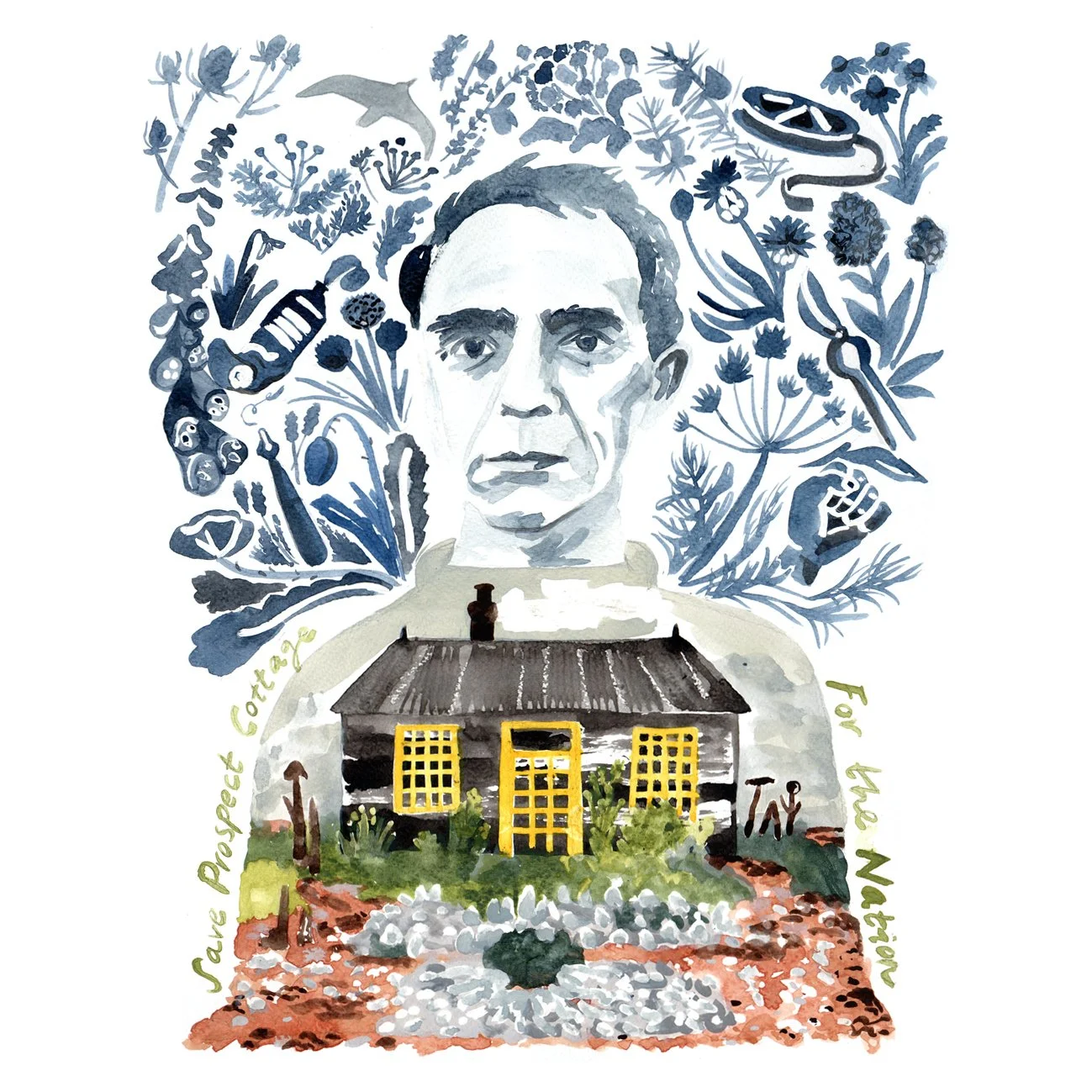 'Save Prospect Cottage' illustration for print, 2020