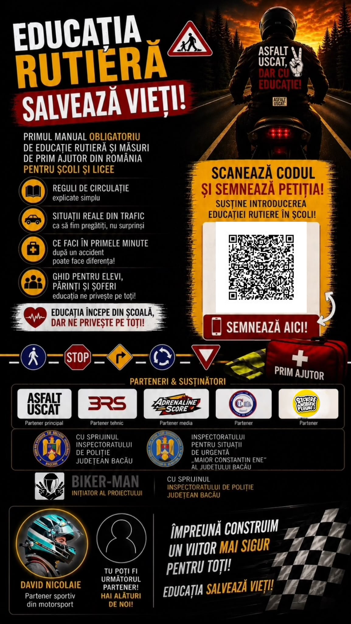 Poster al Caravanei Naționale de Educație Rutieră 2026–2027, cu David Nicolaie, promovând educația rutieră în școli și licee și siguranța în trafic.