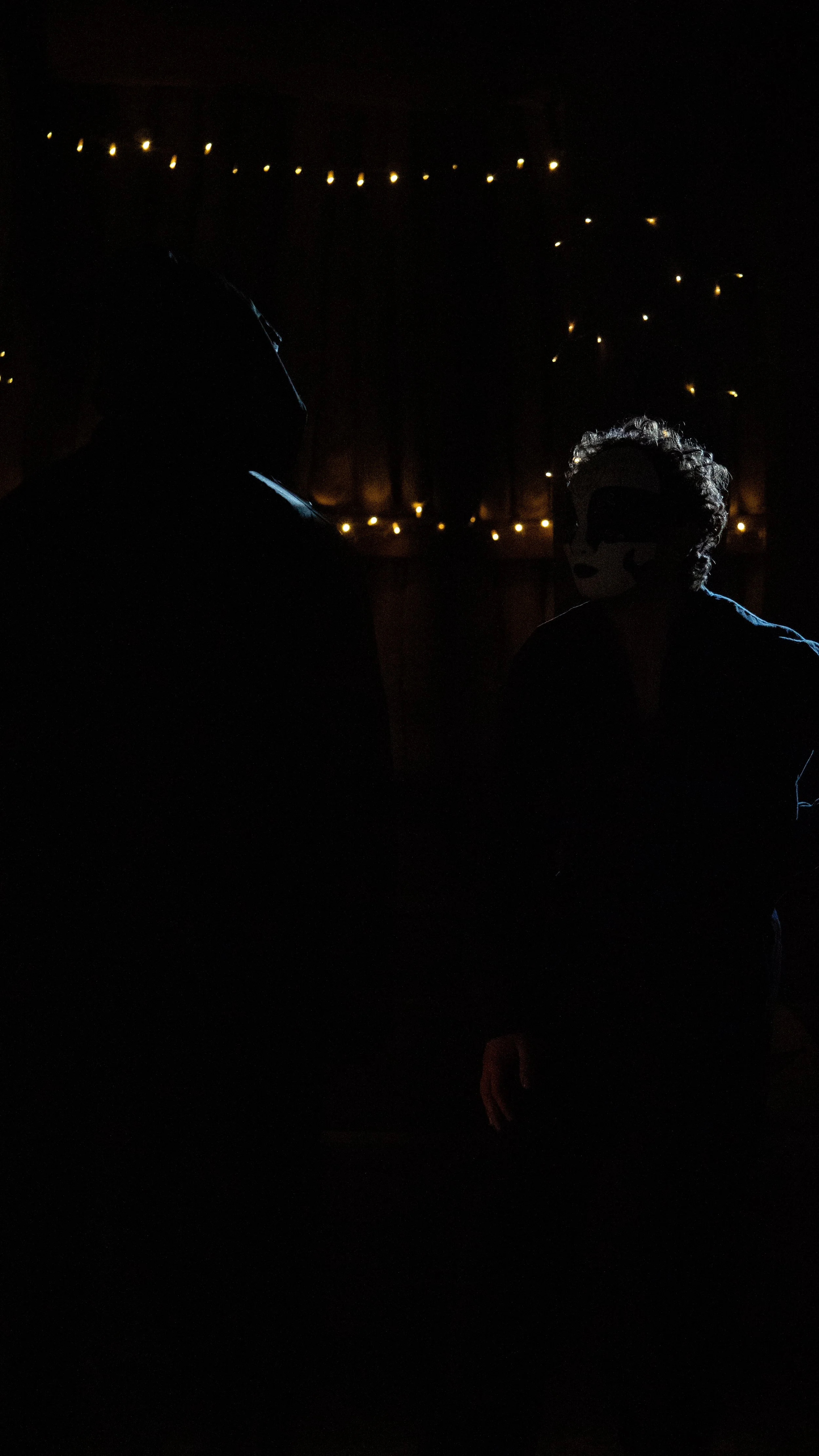 Silhouettes of two people in a dark room with string lights in the background.