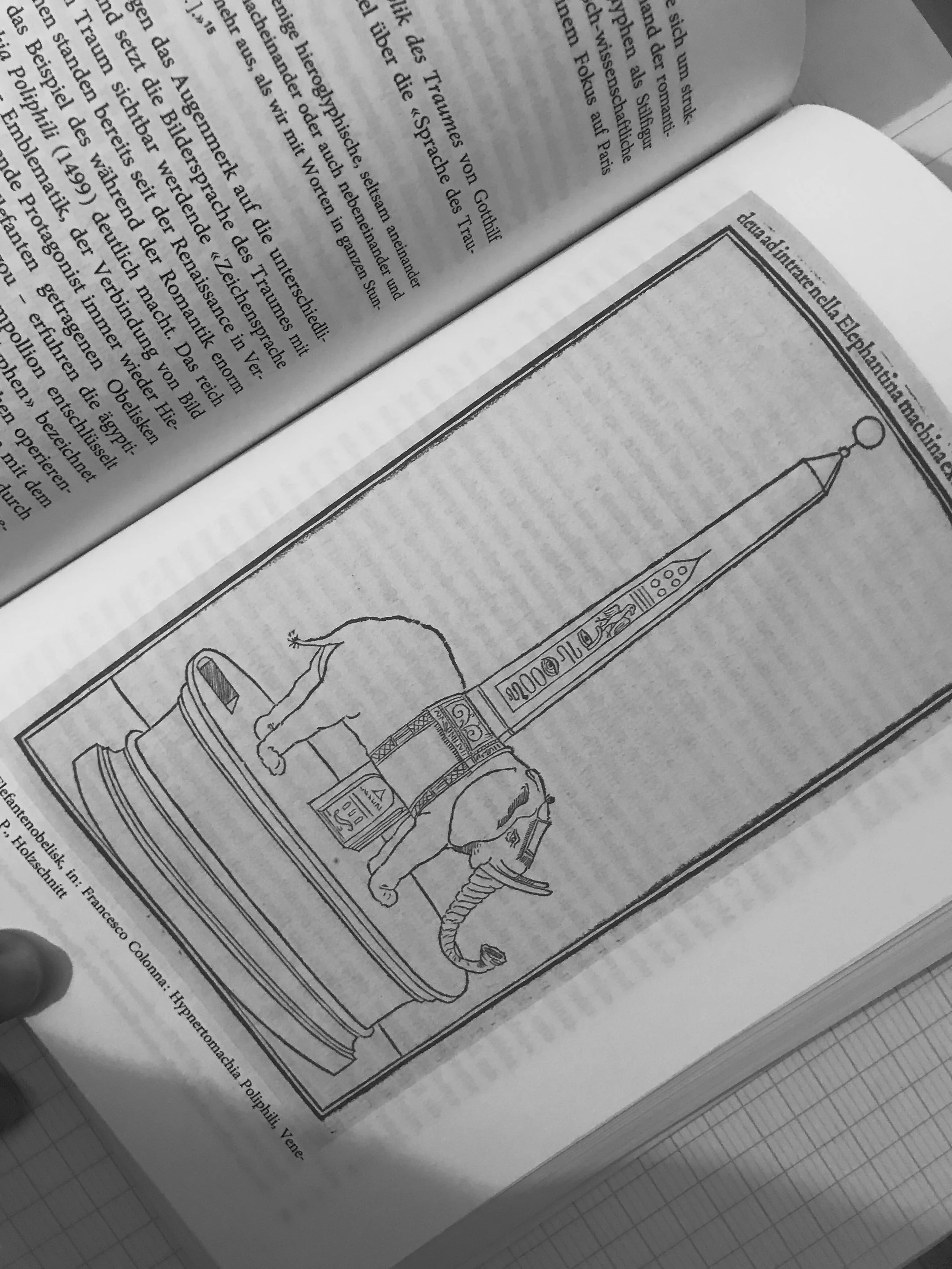 Illustration eines Elefanten, der einen Obelisk trägt, gefunden in einem Buch. Das Bild trägt den Titel "das admirirende Elephanten machinaele". Es handelt sich um eine Holzschnitt-Darstellung aus "Hypnerotomachia Poliphili" von Francesco Colonna. Umgebender Text in deutscher Sprache.