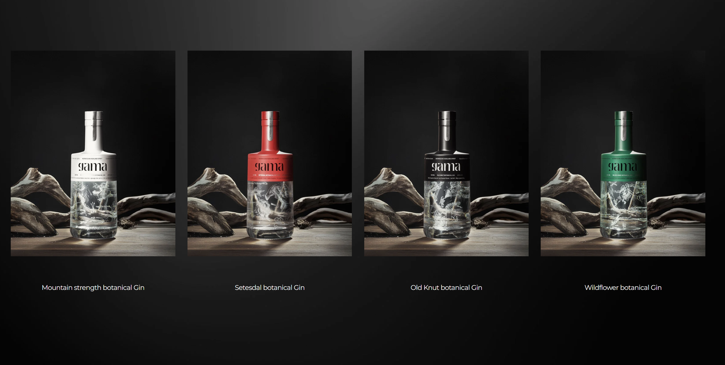 4 flasker med gama gin i forskjellige varianter