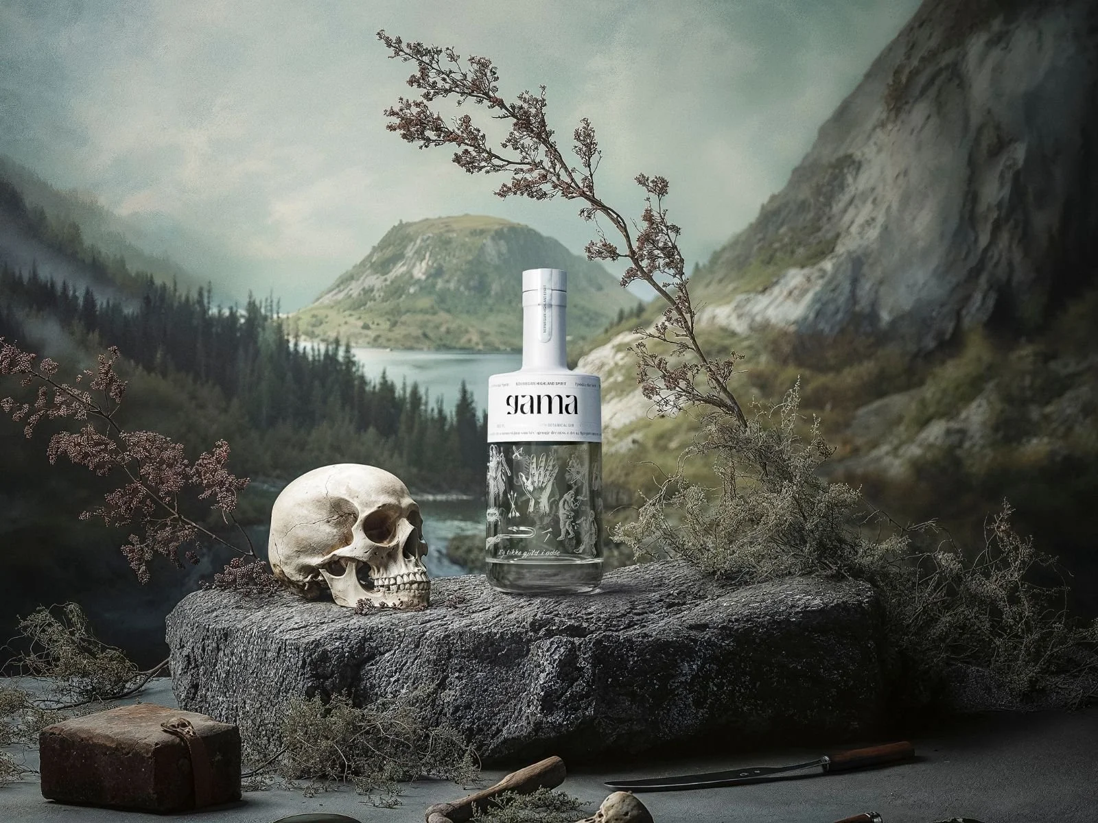 En naturstemning med fjell og innsjø i bakgrunnen, en menneskehodeskalle og en flaske med etikett som sier 'gama' på en bergflate, omgitt av tørre planter, verktøy og en liten koffert foran.