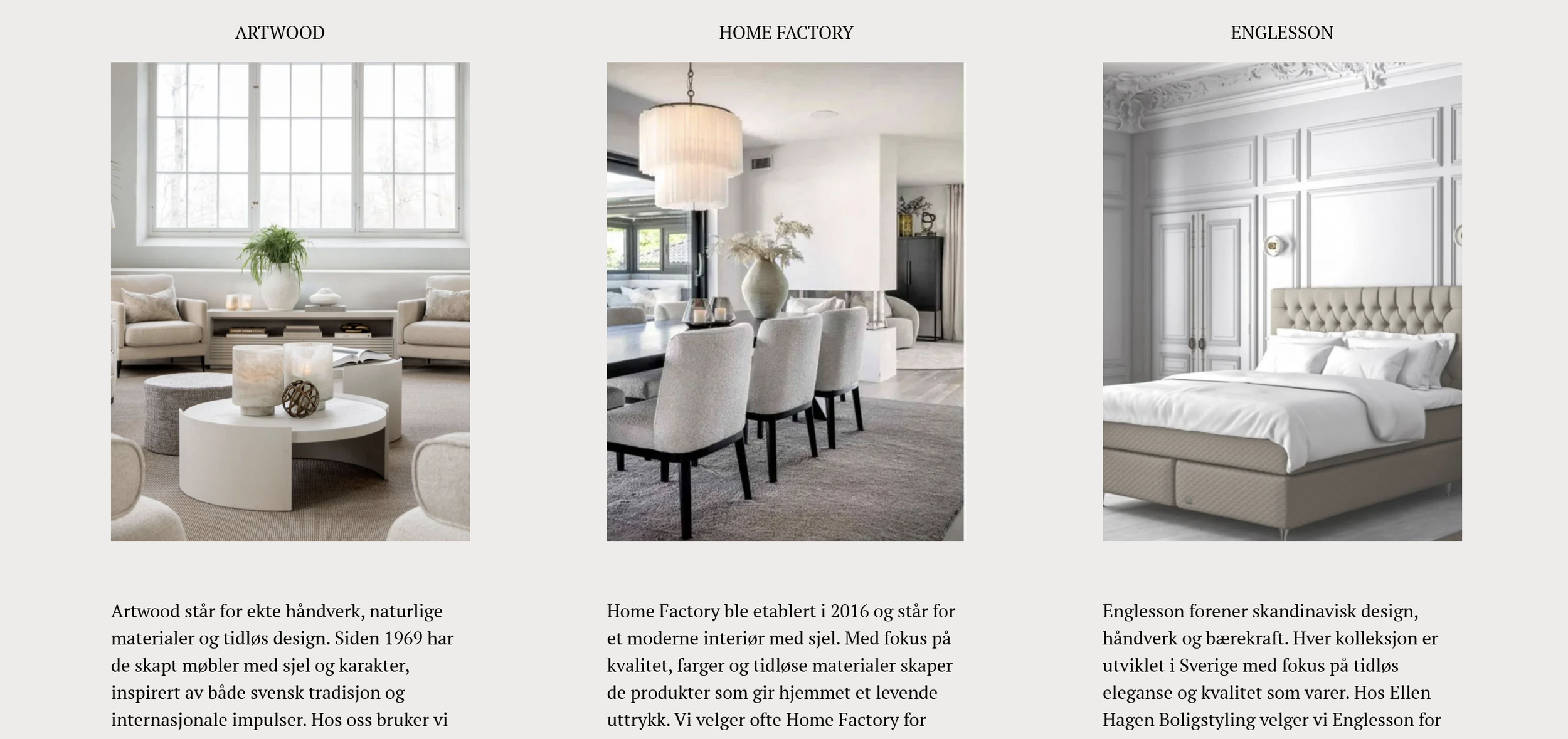 skjermbilde av nettside ellen hagen med bilde av møbler fra hennes leverandører