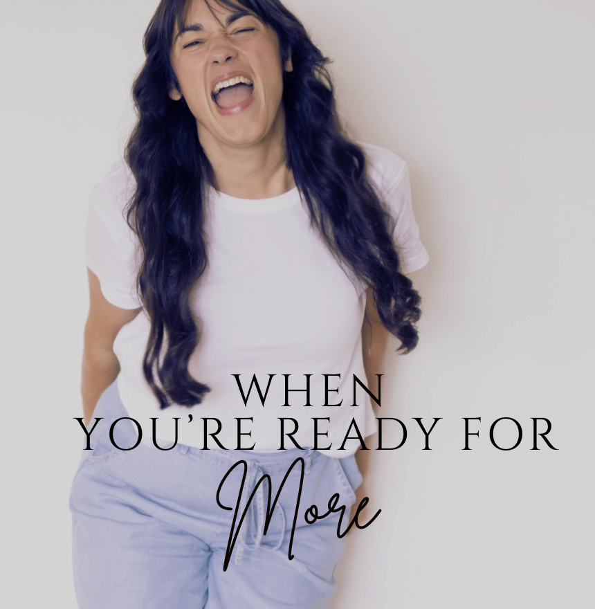 Cover image for the podcast 'Designed for More,' featuring a woman with long dark hair, smiling with eyes closed, against a plain white background, with the podcast title and description in brown text.