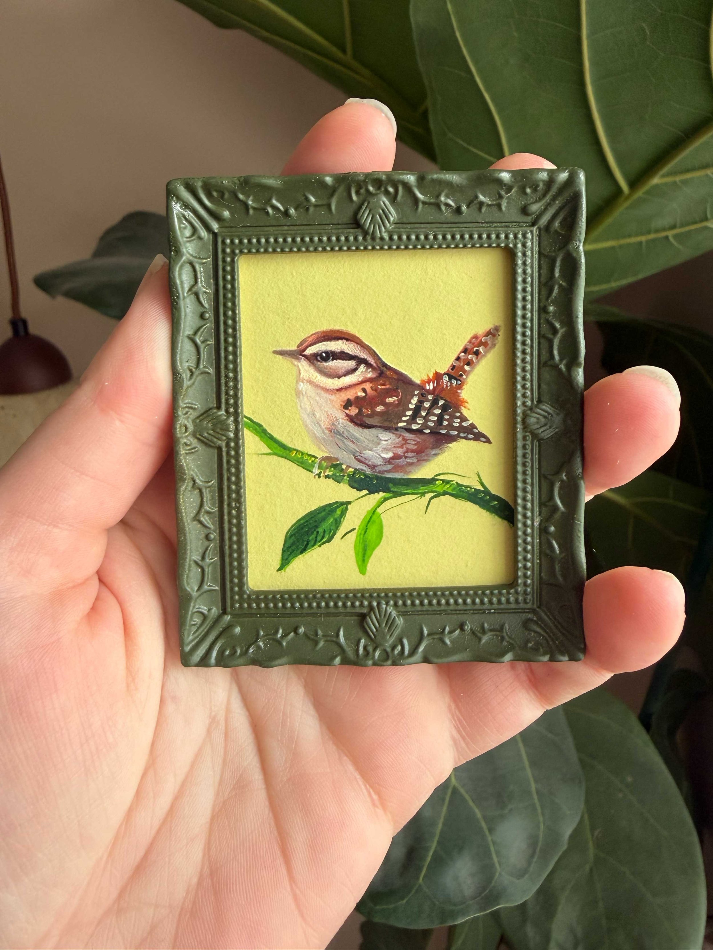 Wren Bird in Green Miniature Painting