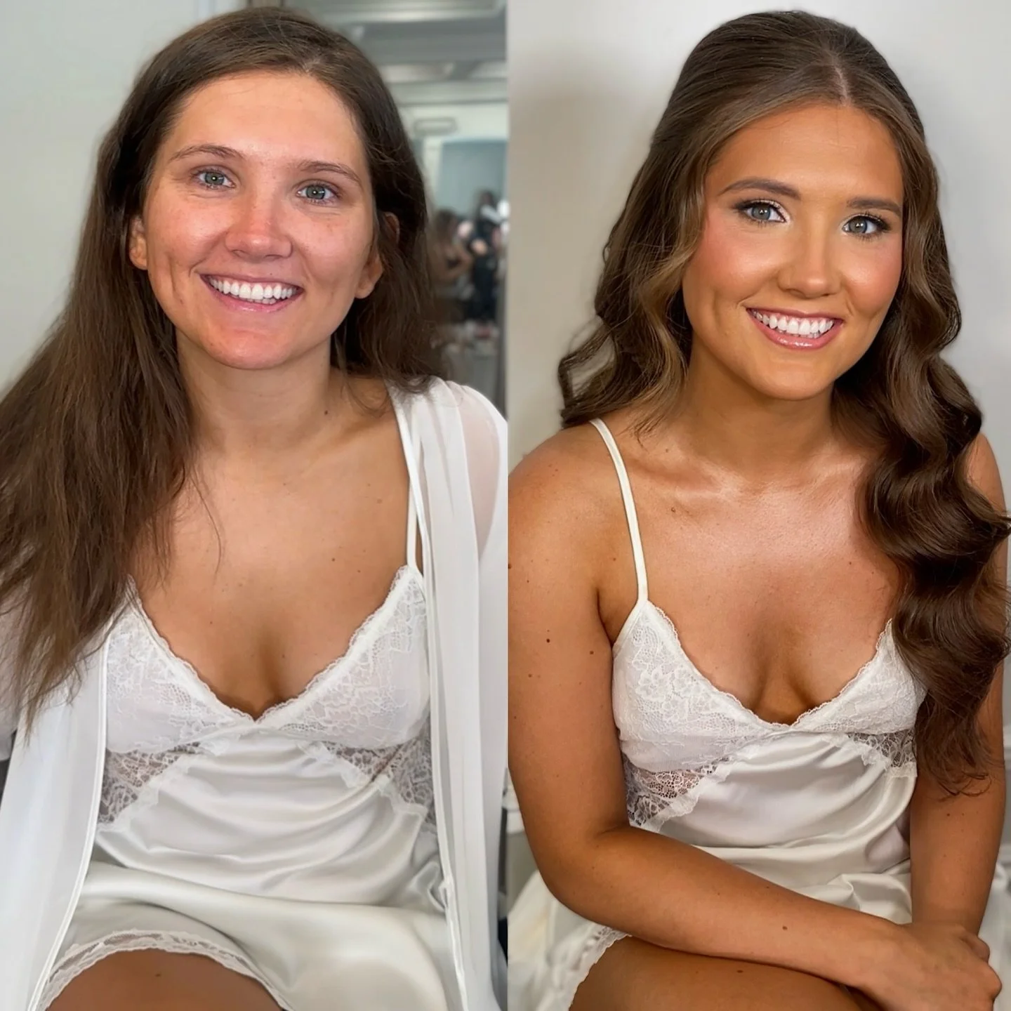 A before &amp; after with some product deets 👀✨ yesss pleaseeee 🙂&zwj;&harr;️

&amp; SAVE for bridal inspo 🫶🏼 

makeup @brittanyamberartistry 
hair @teambaartistry 

🩷skin
 @glowrecipe watermelon glow serum
 @maccosmetics eye cream 
 @embryoliss