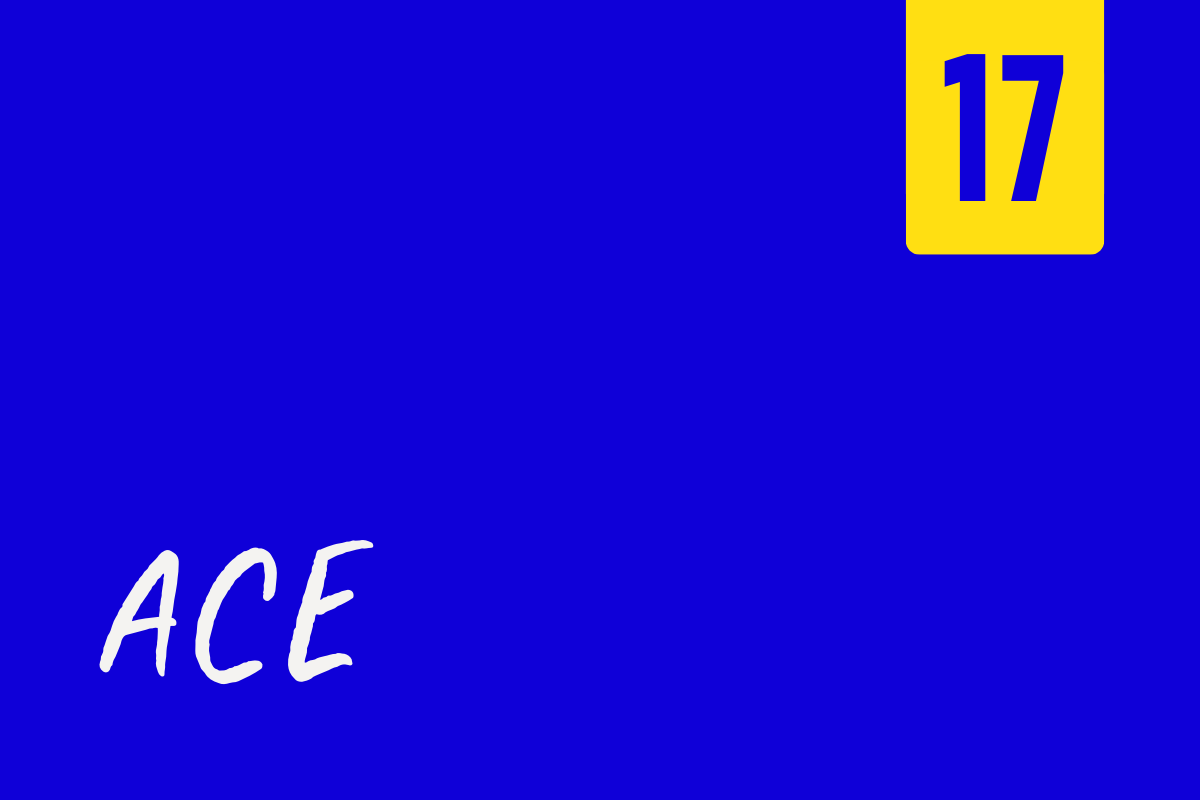 Blue playing card with the number 17 in a yellow box in the top right corner, and the word ACE written in white in the bottom left corner.