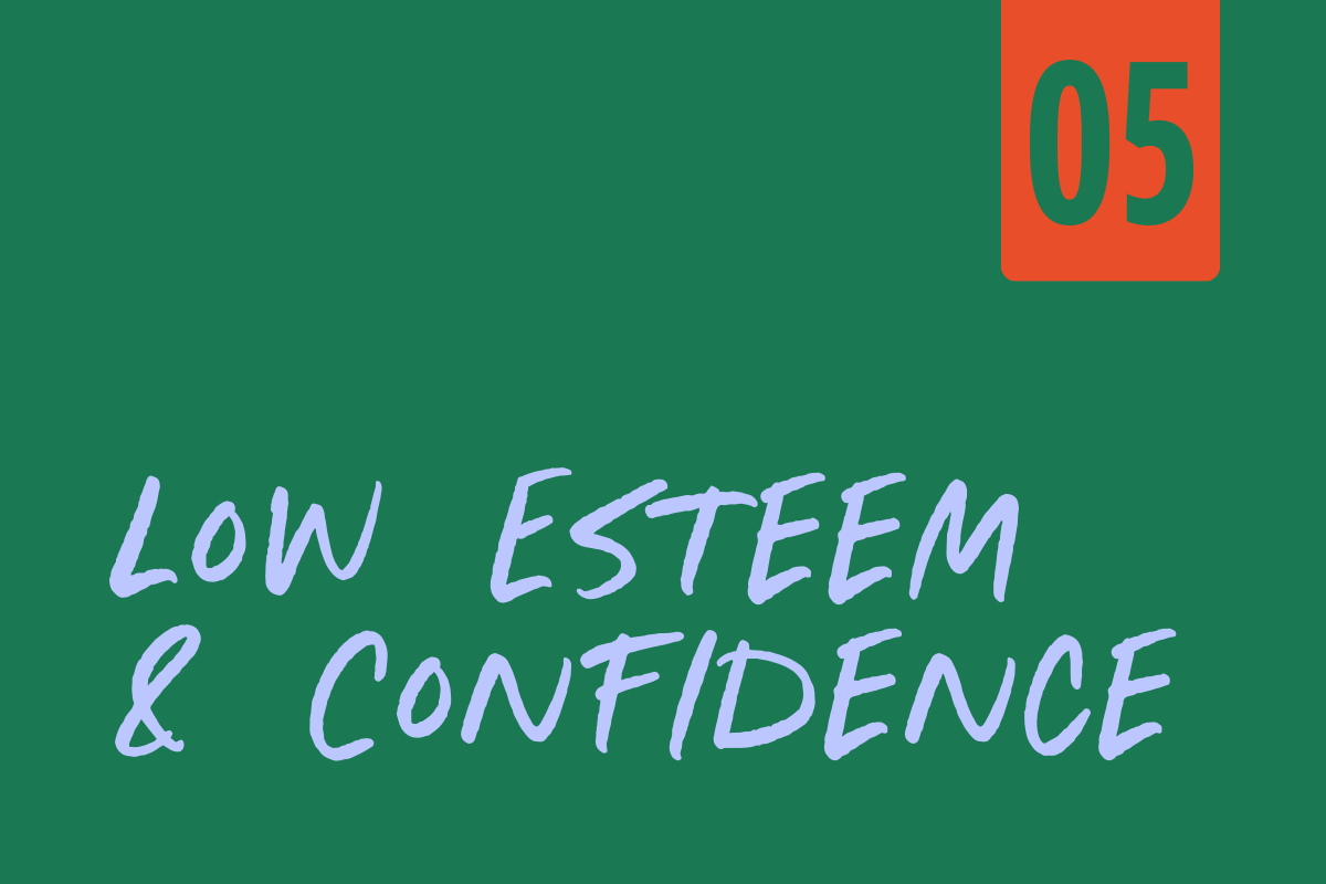 A green book cover with a red top right corner featuring the number 05. The title is written in purple handwritten font and says 'Low Esteem & Confidence'.
