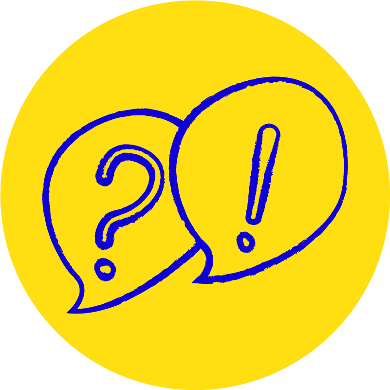 Two speech bubbles, one with a question mark and the other with an exclamation point, on a yellow background.