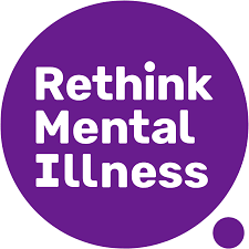 Purple circle with black text that reads 'Rethink Mental Illness'