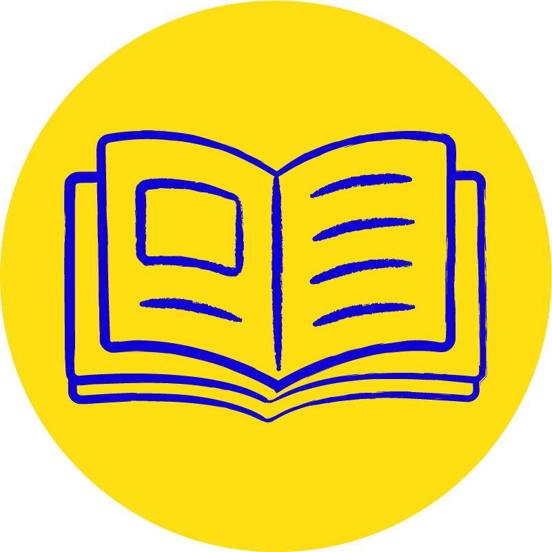 A yellow circular background with a blue outline drawing of an open book, with lines indicating text and a small rectangle representing an image or a highlight.
