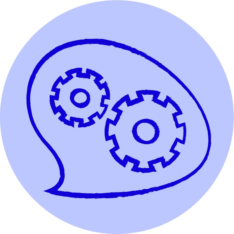 Illustration of two interconnected gears inside an oval outline, on a light blue circular background.