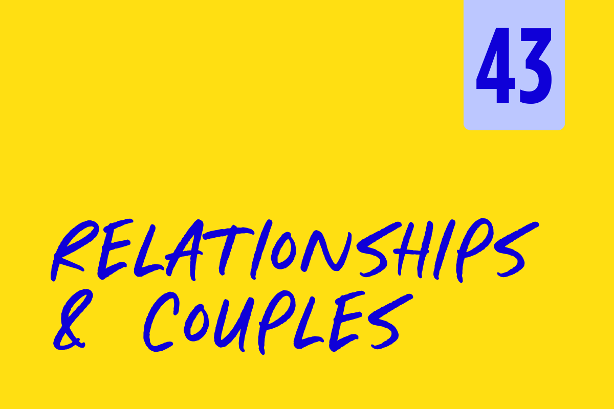 Book cover titled "Relationships & Couples" with the number 43 in a blue square on a yellow background.