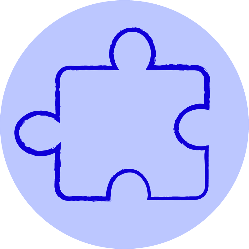Outline of a single jigsaw puzzle piece inside a light blue circle.
