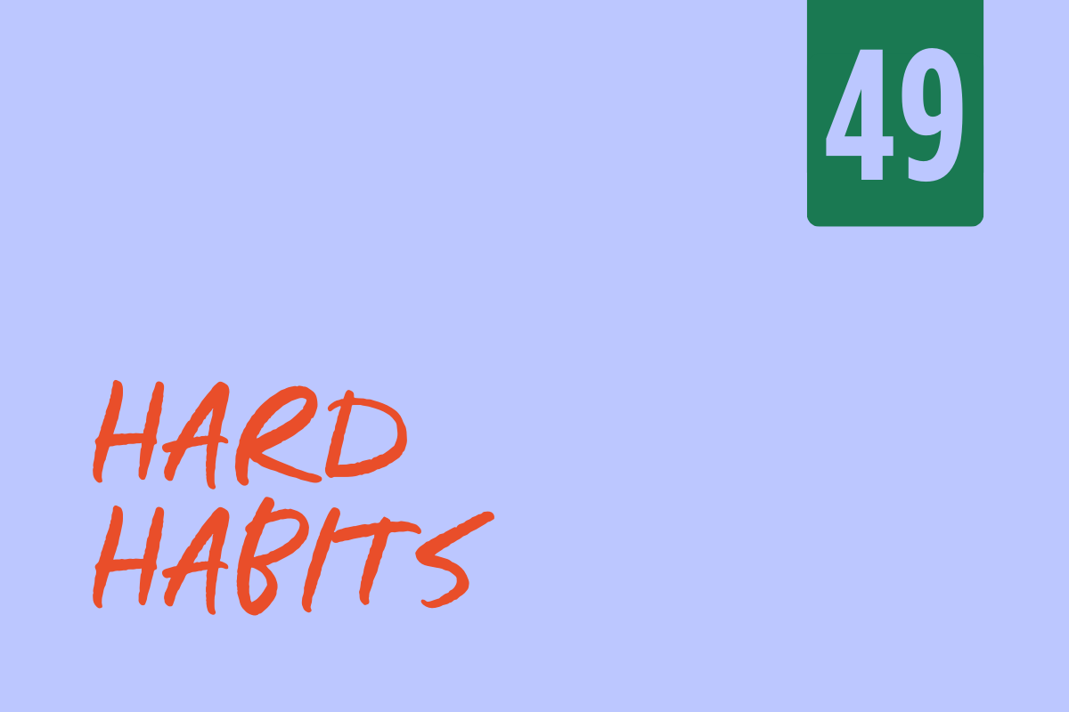 Book cover titled "Hard Habits" with a purple background and a green corner labeled "49"