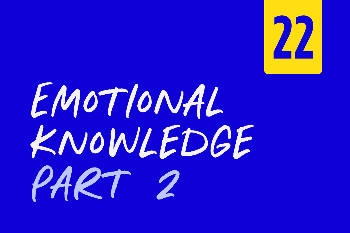 Cover of a book or educational material titled 'Emotional Knowledge Part 2' with a yellow square in the top right corner containing the number 22, all set against a blue background.