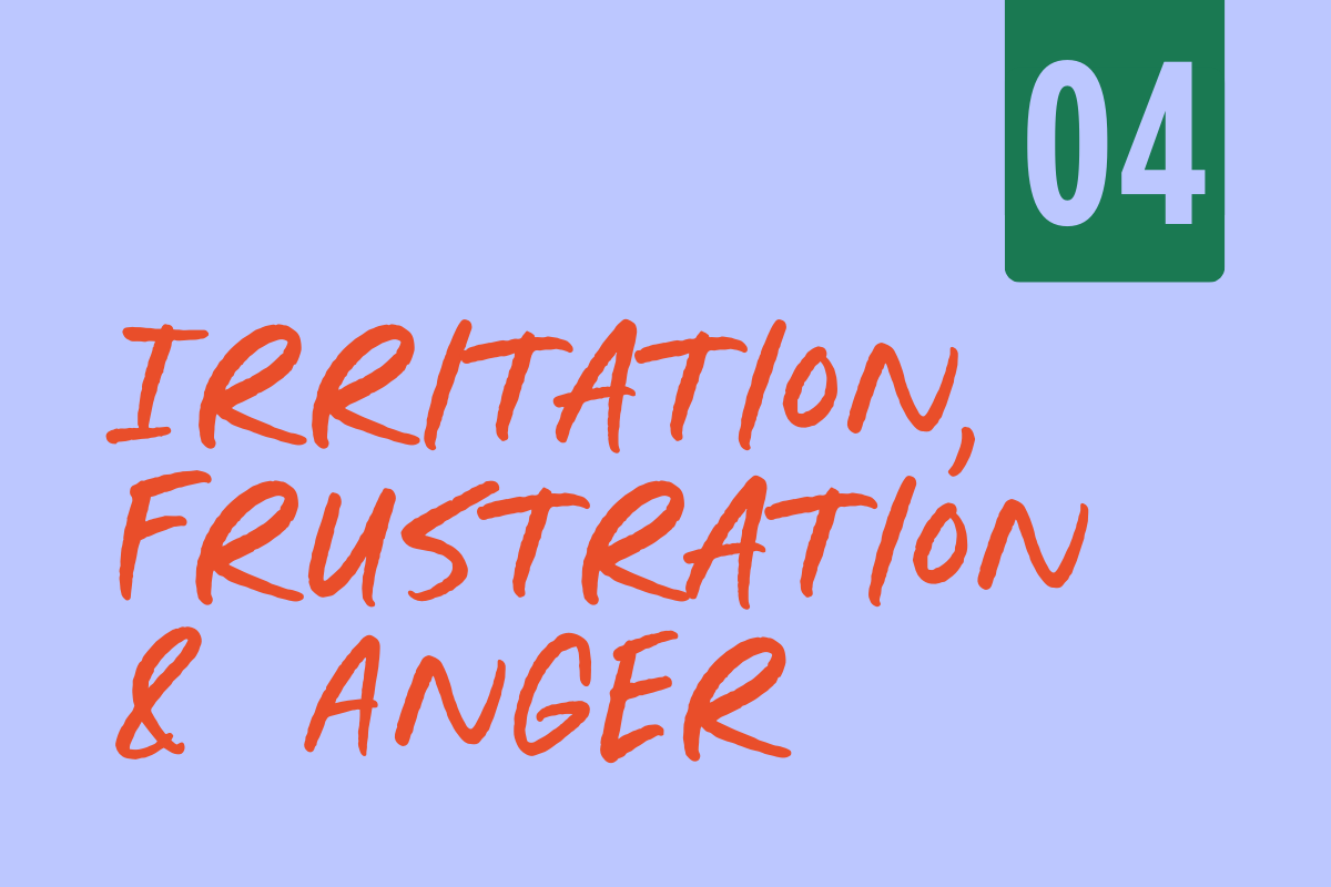 A cover slide with a light blue background, green and purple design elements, and text reading 'Irritation, Frustration & Anger' in red handwritten font, with a green box containing the number '04' in purple.