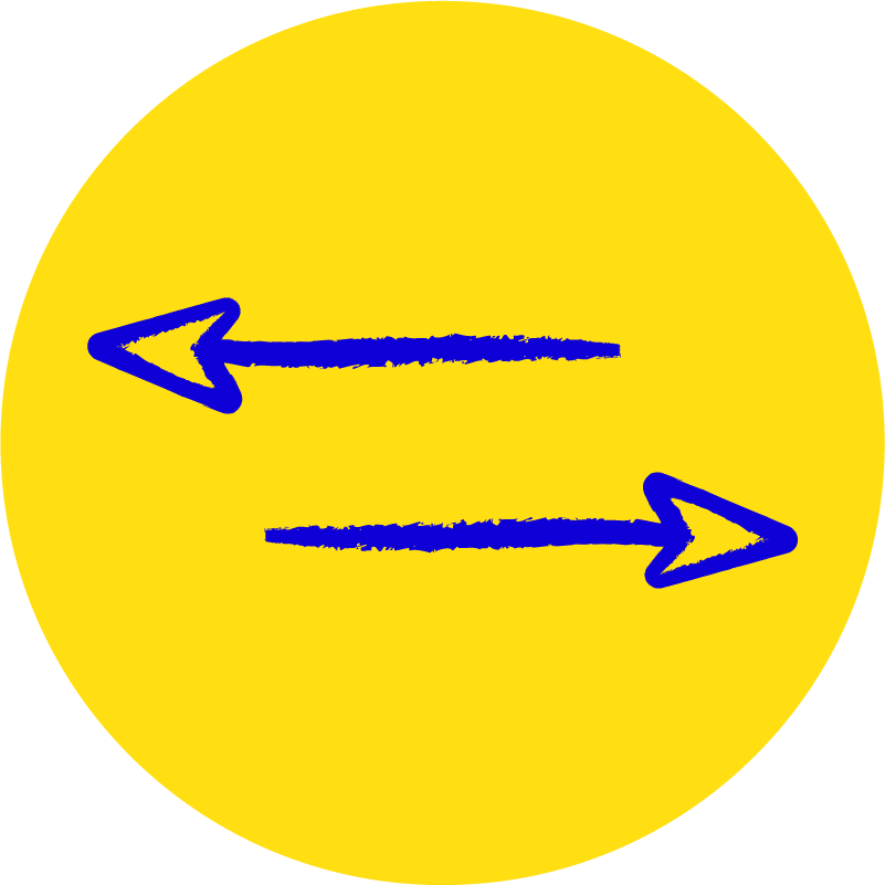 Yellow circular background with two blue arrows pointing in opposite directions.