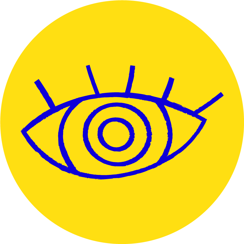 A blue line drawing of a stylized eye with radiating lines on a yellow circular background.