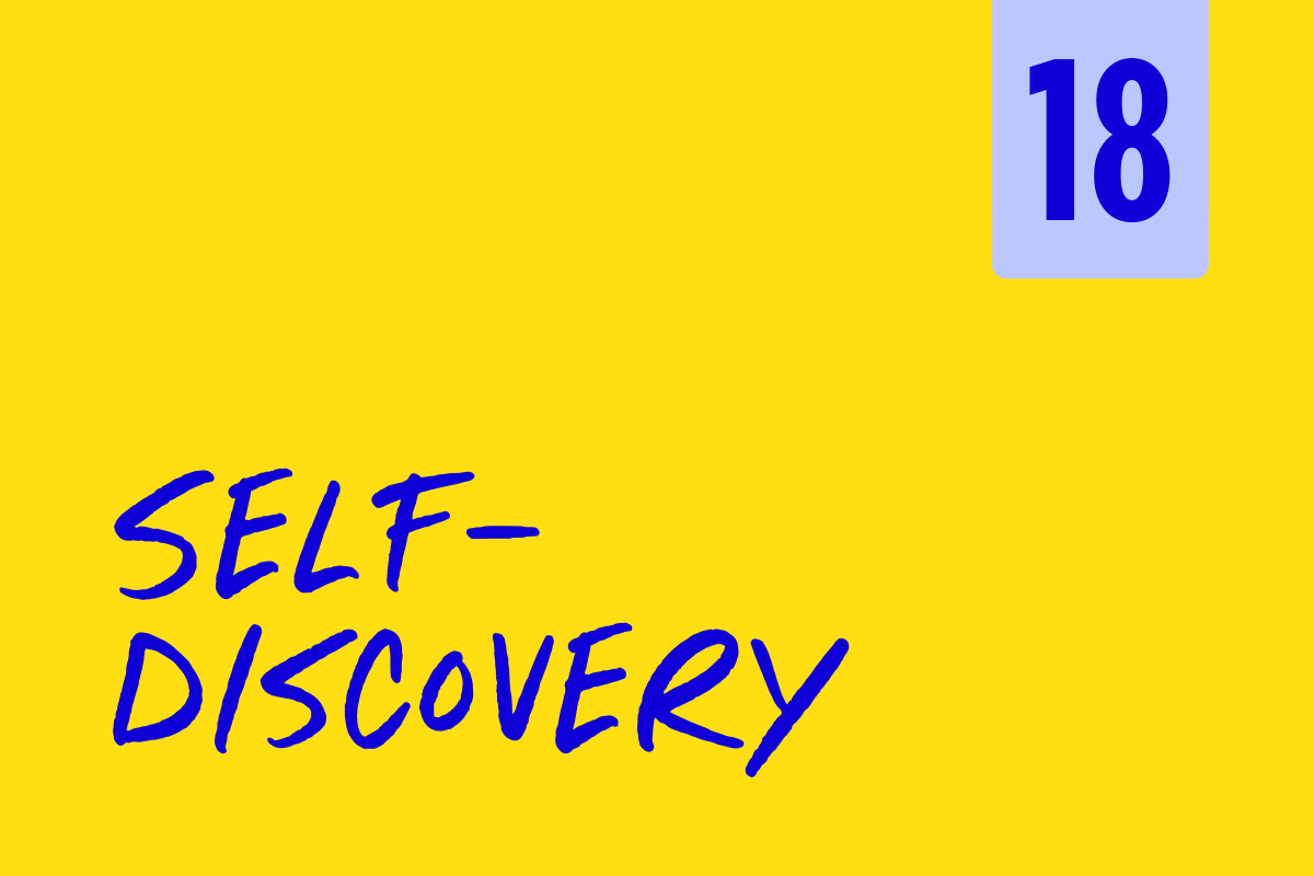 Yellow book cover titled 'Self-Discovery' with a blue rectangle in the upper right corner containing the number 18 in dark blue.