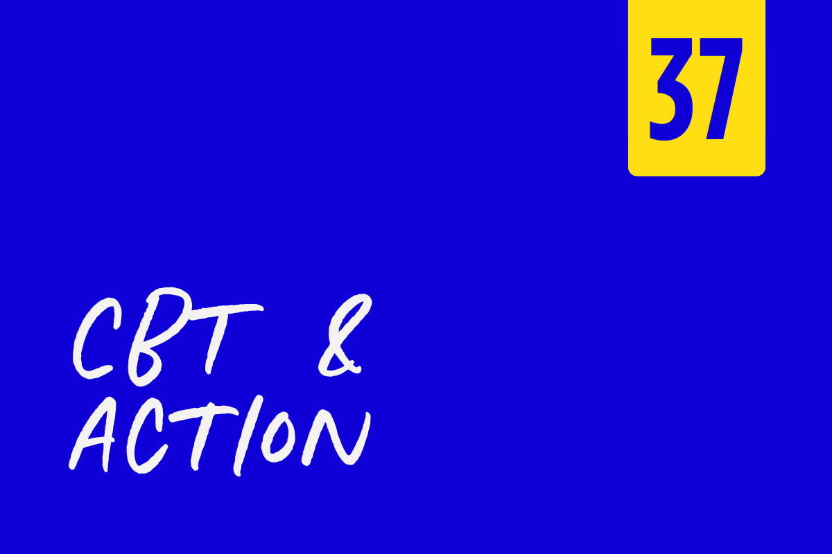 Blue book cover with yellow rectangle in top right corner featuring the number 37 in blue, and white handwritten-style text that reads "CBT & ACTION."