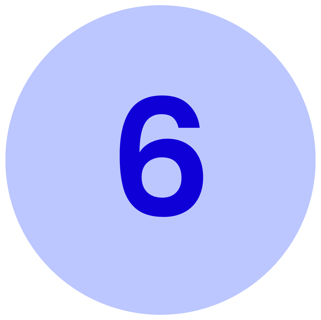 A blue circle with the number 6 in dark blue in the center.