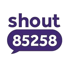 Text reading 'shout 85258' in purple