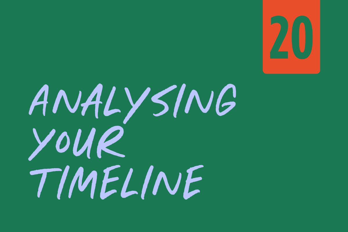 Book cover titled "Analyzing Your Timeline" with a green background and a red corner displaying the number 20.