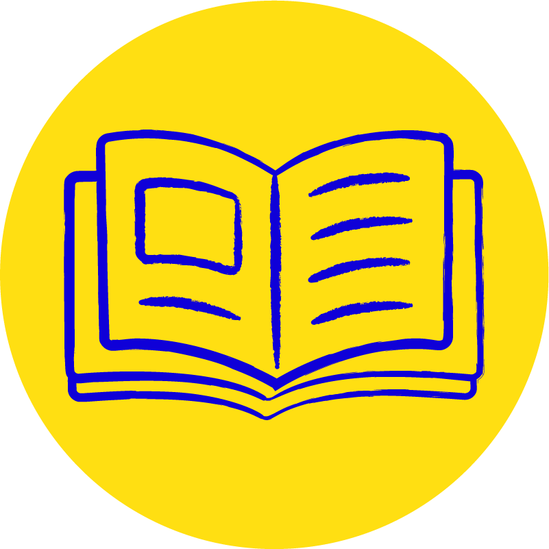 Drawing of an open book with a bookmark on a yellow circular background.