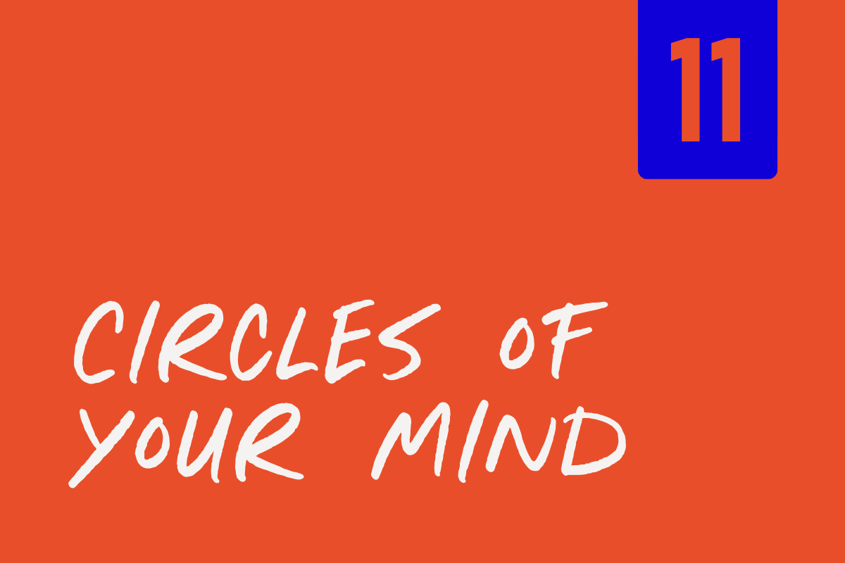 Orange book cover with white handwritten text reading 'CIRCLES OF YOUR MIND' and a blue rectangle in the top right corner with the number 11 in orange.