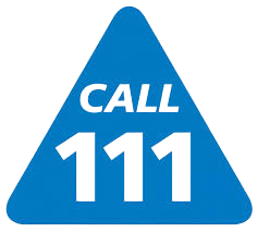 Blue triangular sign with black text that says 'CALL 111'.