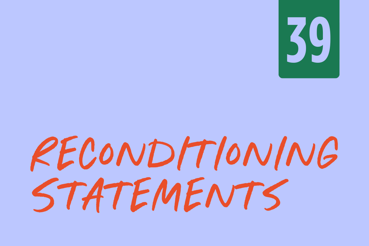 A book cover titled "Reconditioning Statements" with the number 39 in the top right corner, on a light purple background.