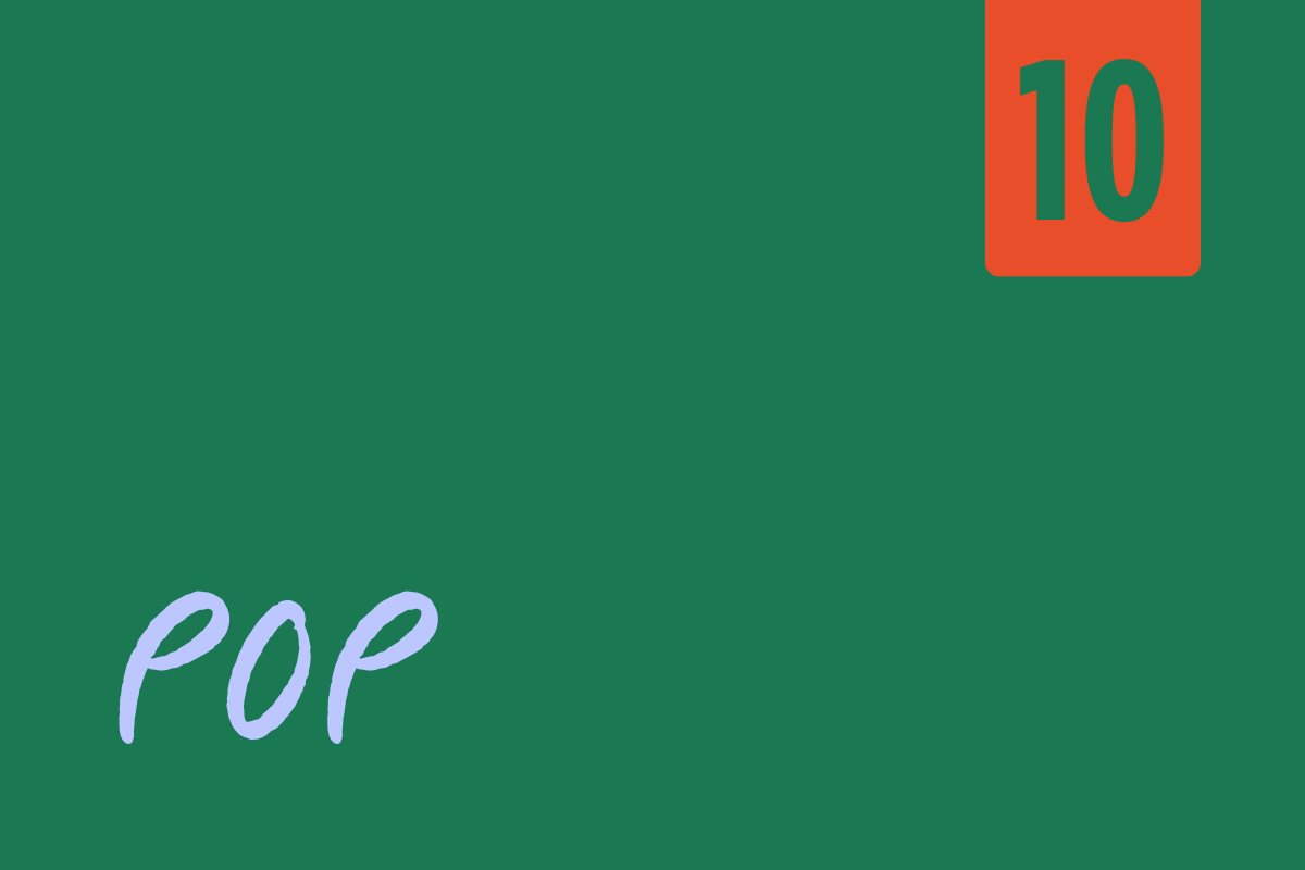 A green book cover with the title 'POP' written in purple cursive and an orange rectangle with the number '10' in green.