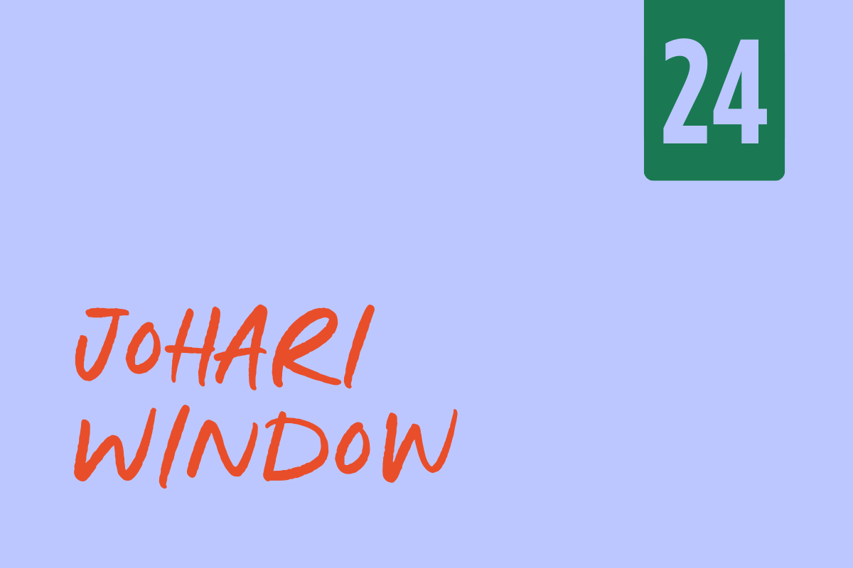 A light purple book cover with the title 'JOHARI WINDOW' in orange, and a green rectangle in the top right corner with the number 24 in purple.