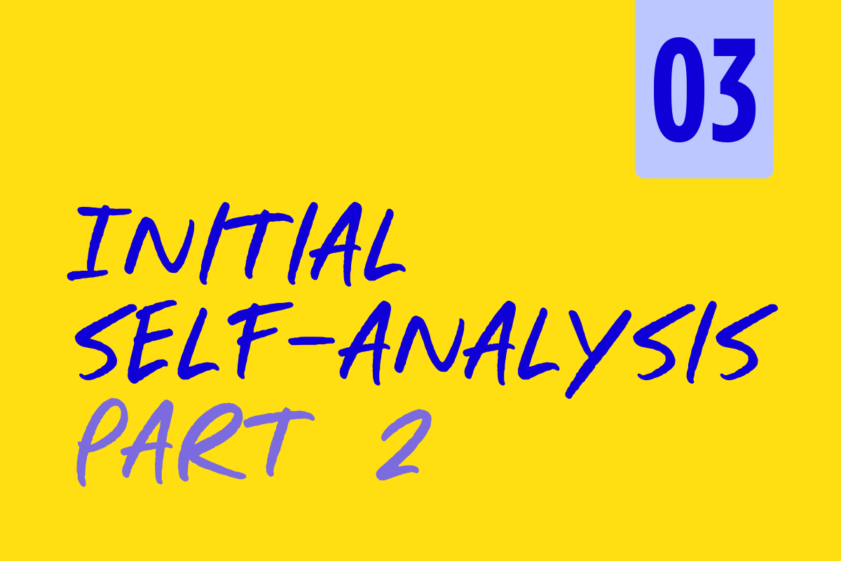Yellow cover page of a book or publication titled 'Initial Self-Analysis Part 2' with a blue rectangle in the top right corner displaying '03' in bold blue font.