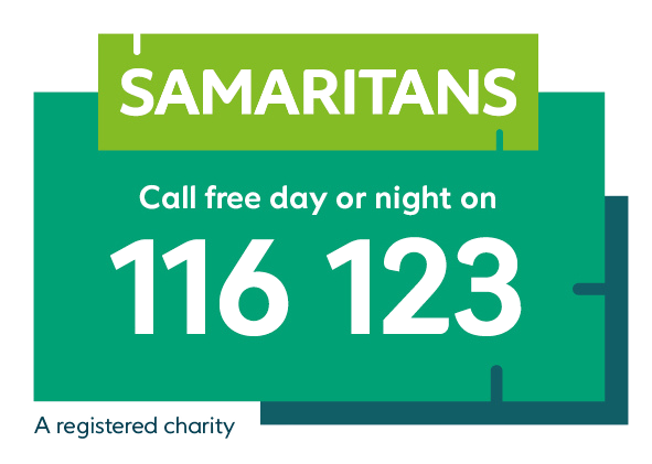 Green and blue flyer for samaritans with a phone number 116 123 and text about calling for help.