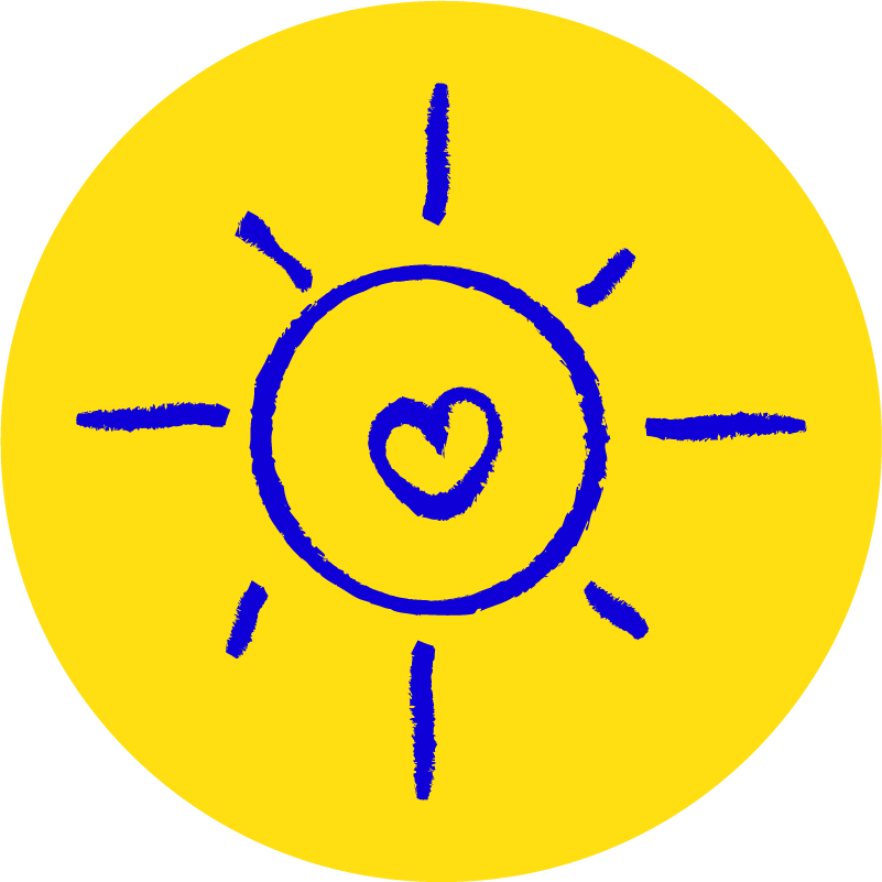 Yellow circular background with a blue hand-drawn sun and a heart inside a smaller circle at the center.