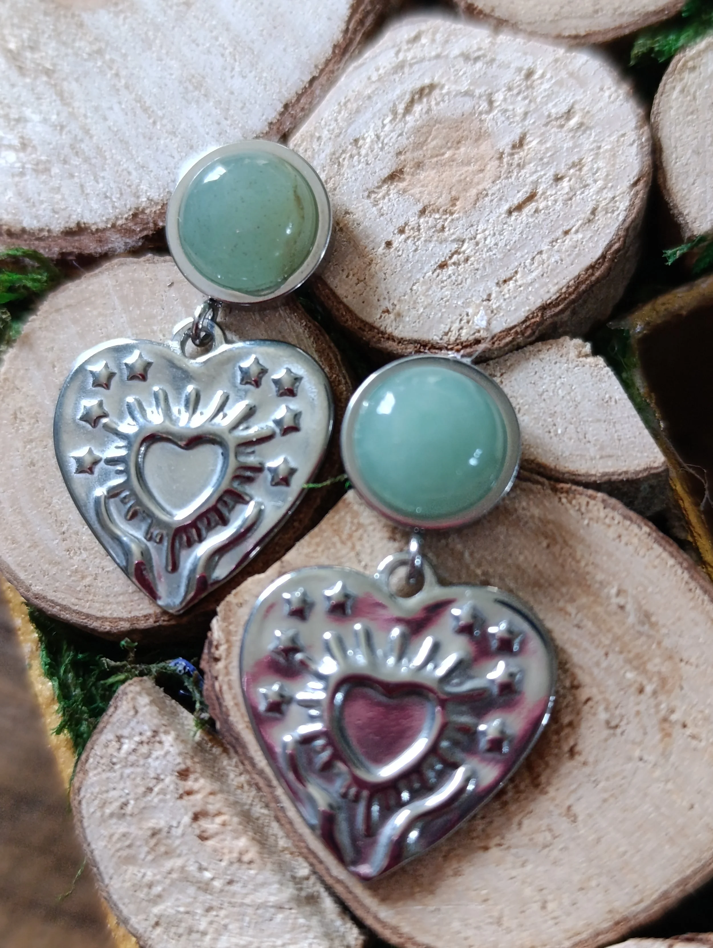 Boucles d' oreilles Coeur acier inoxydable Aventurine