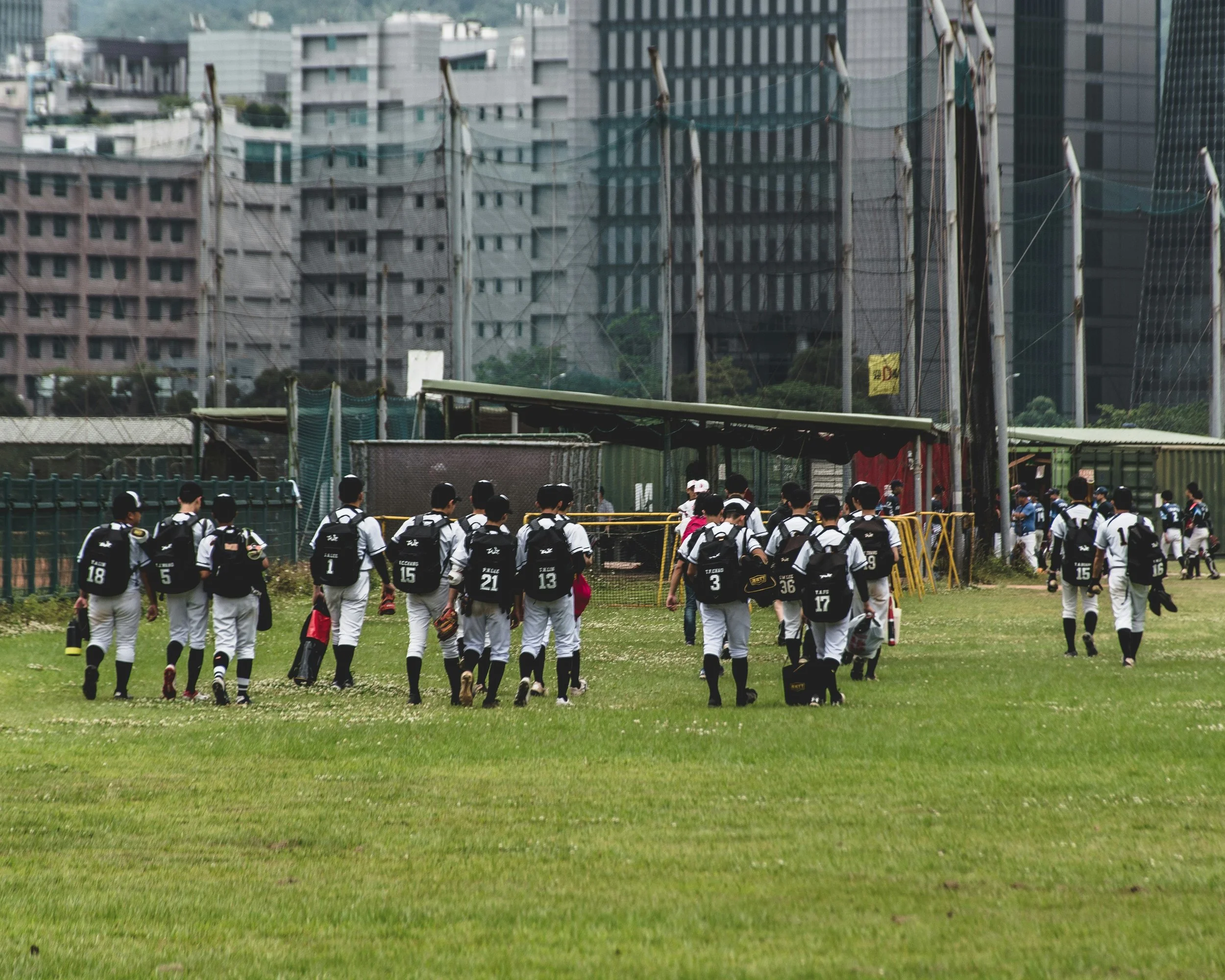 A group of young baseball players in white uniforms with black caps and backpacks walking on a green grass field, with tall city buildings in the background.