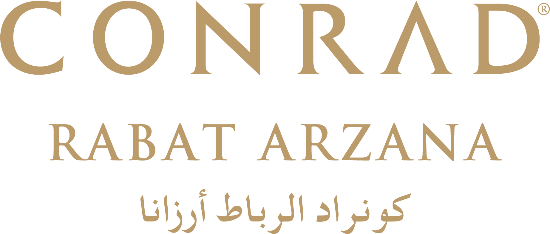 The image shows the text 'CONRAD RABAT ARZANA' in large gold letters, with smaller gold Arabic script underneath, all on a black background.