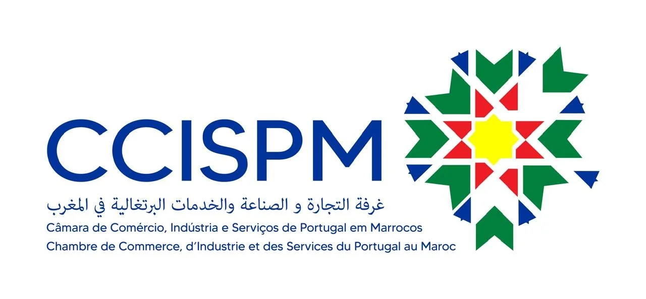 Logo for CCISPM, the Chamber of Commerce, Industry, and Services of Portugal in Morocco, featuring a colorful geometric pattern resembling a star or flower, with text in Arabic, Portuguese, and French.