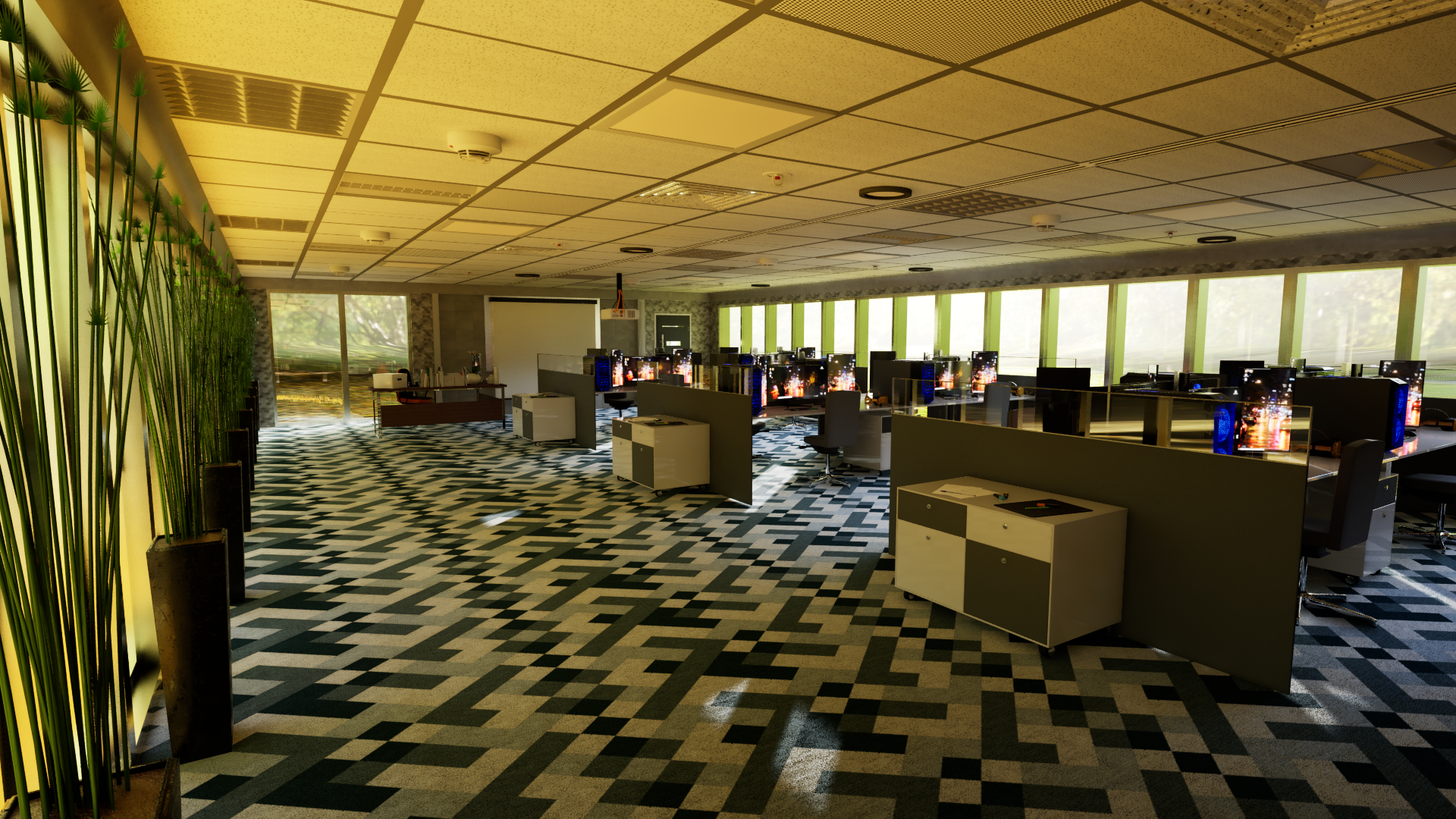 Modern office interior with workstations in rows, patterned carpet, large windows, and indoor plants.