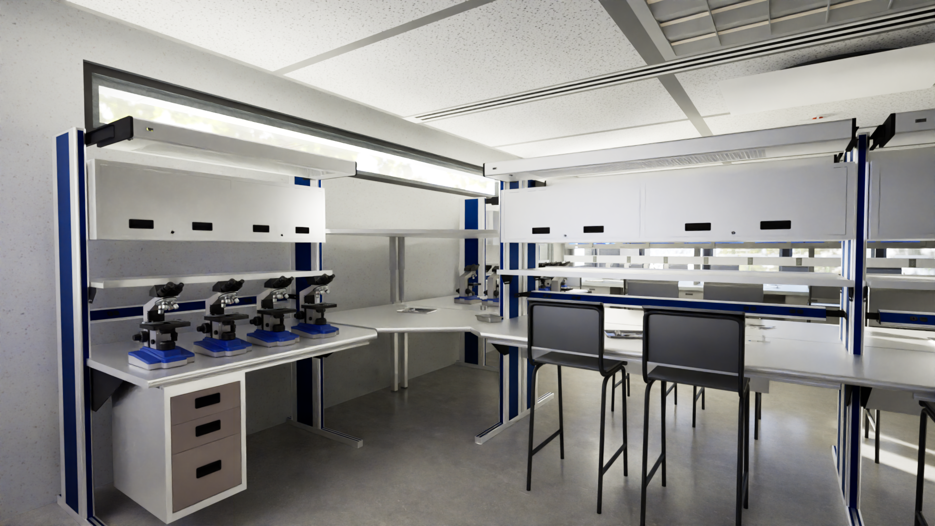 Modern laboratory interior with microscopes on tables and high chairs