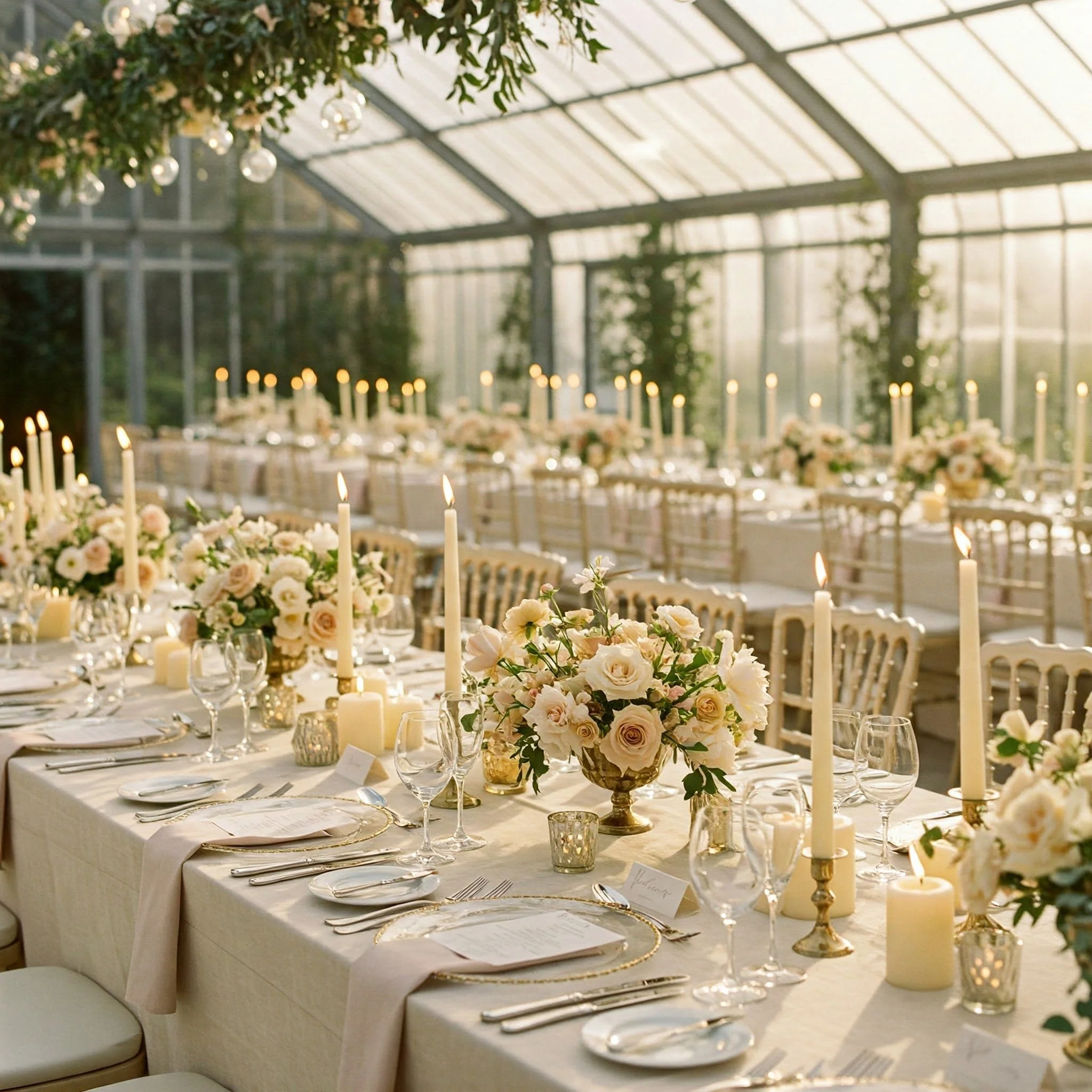 Elegant wedding reception setup in a greenhouse with long tables covered with white linens, adorned with tall candles and delicate floral arrangements in soft pastel colors. Numerous plates, glasses, and cutlery are neatly arranged.